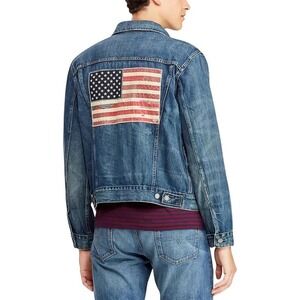 Polo Ralph Lauren American Flag Distressed Denim Trucker Jean Jacket Men's XL